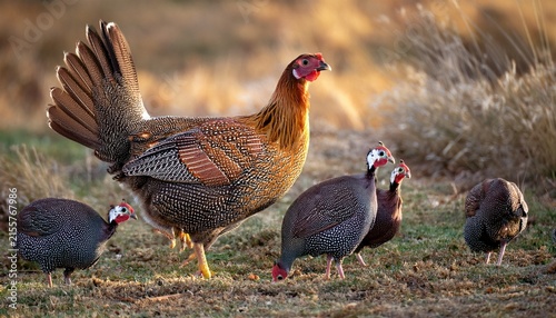 large brown hen with guinea fowls
