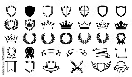 Canvas Print Heraldic Badge Icon Set With Crown Shield Laurel Wreath Medal Ribbon Sword And R