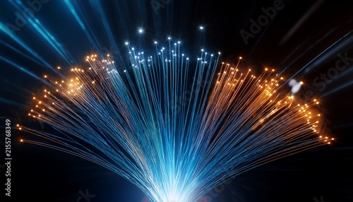 illuminated fiber optic cables transmit glowing data through advanced digital network