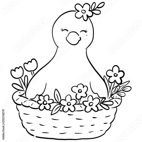 Cute cartoon silly goose with flower doodle for coloring page