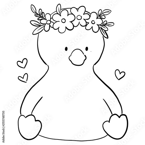 Cute cartoon silly goose with flower doodle for coloring page