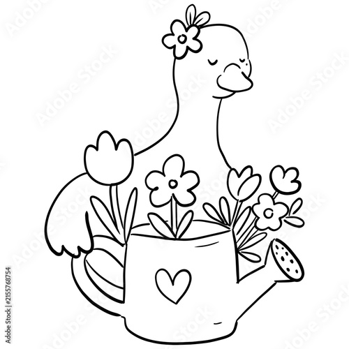 Cute cartoon silly goose with flower doodle for coloring page