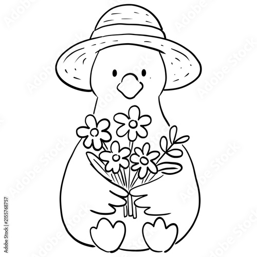 Cute cartoon silly goose with flower doodle for coloring page
