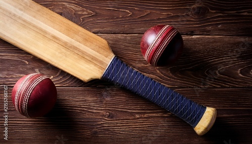 cricket bat and ball on wooden boards background