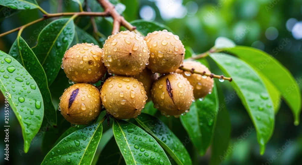 Fototapeta premium Longan fruits with water drops on the tree after rain.