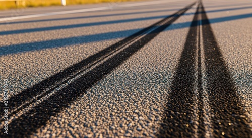 Long black skid marks on asphalt road surface.