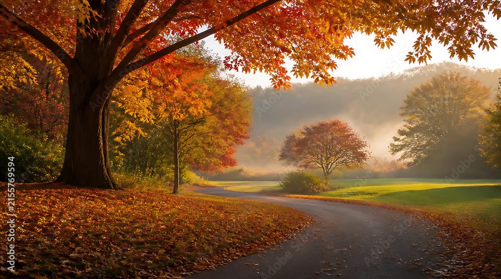 Fototapeta premium Serene autumn landscape with colorful trees lining a winding dirt path in a tranquil park setting highlighting fall foliage and