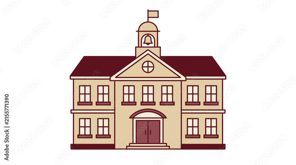 Fototapeta premium Cartoon School Building with Bell Tower Isolated