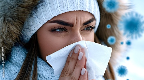 Woman sneezing into tissue catching airborne virus particles