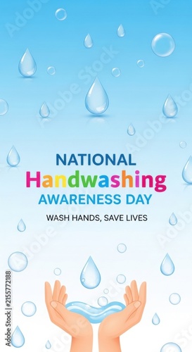 national handwashing awareness day poster with hands under water droplets