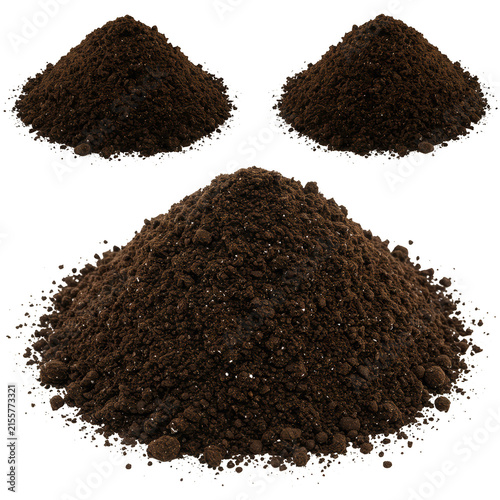 Three piles of dark brown soil isolated on transparent background
