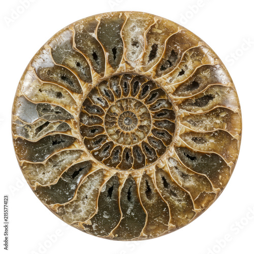 Fossilized ammonite shell cross section isolated on transparent background