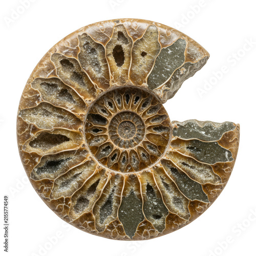 Fossilized ammonite shell close up isolated on transparent background