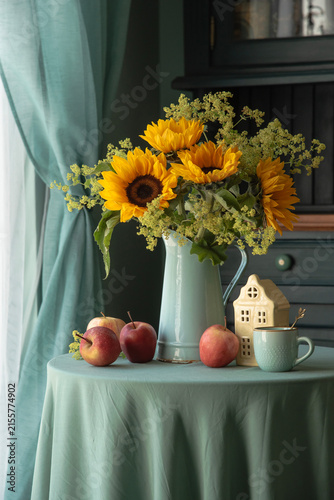 Late Summer to Early Autumn Still Life with Sunflowers and Lady's Mantle Flowers