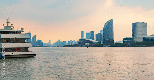 The skyline of modern urban architecture in Shanghai, China, and the scenery of the Huangpu River 