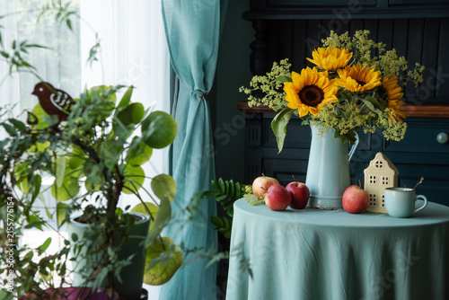 Late Summer to Early Autumn Still Life with Sunflowers and Lady's Mantle Flowers