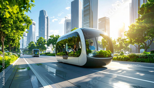 uturistic autonomous shuttle vehicle navigating a clean  green eco-friendly smart