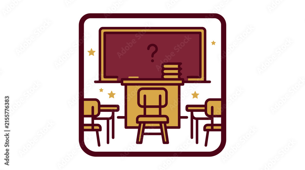 Fototapeta premium Classroom scene with blackboard, desks, chairs and question mark