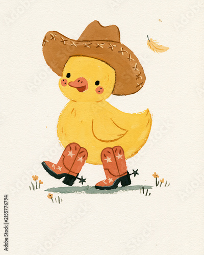 A cute yellow duckling wearing a cowboy hat and boots walks through a field of small flowers.