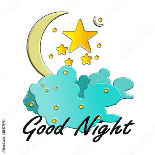 Fotografie Good Night Typography Illustration Crescent Moon Yellow Stars and Turquoise Clou