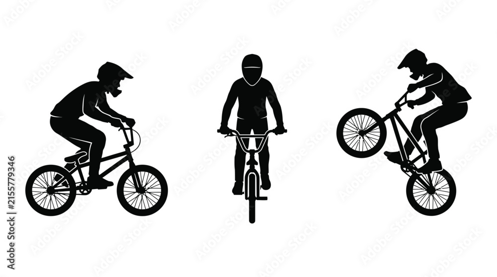 Fototapeta premium BMX bike rider silhouettes performing stunts and tricks.