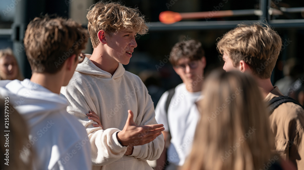 Obraz premium Teen debate club members argue passionately under harsh noon sun outside a glass blowing studio, molten glass on a rod glowing behind a window, competitive youth rhetoric skill