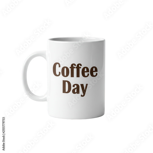 White coffee mug with coffee day text isolated on transparent background