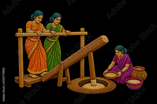 Colorful rice-grain mosaic of three rural Bengali women operating a traditional wooden dhinki, celebrating the folk culture and agricultural heritage of Bangladesh.