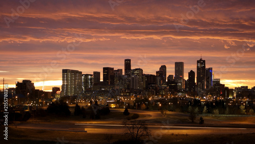Downtown Denver Skyline at Dawn with Dramatic Sunrise