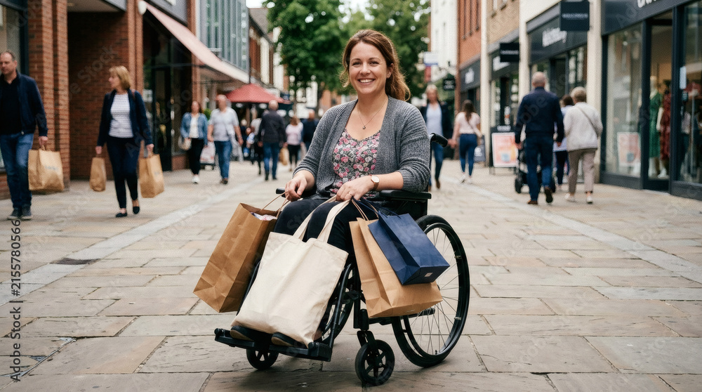 Obraz premium A woman in a wheelchair navigates a charming cobblestone street lined with shops, her chair laden with shopping bags.