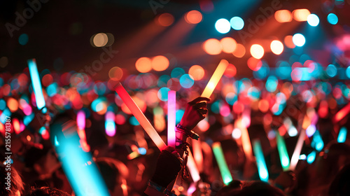 Festival of Light: A vibrant crowd at a concert or festival, illuminated by the colorful glow of numerous light sticks, creating an atmosphere of pure excitement and communal energy.