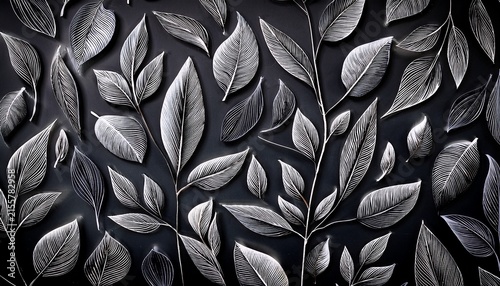 white leaves and branches pattern on dark background texture
