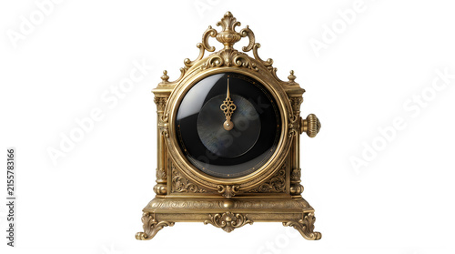 Elegant ornate vintage gold mantel clock isolated on transparent background