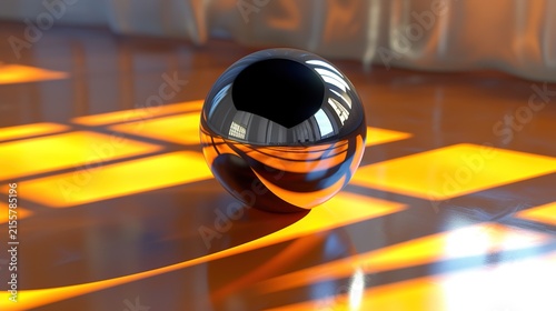 Shiny chrome sphere on reflective floor