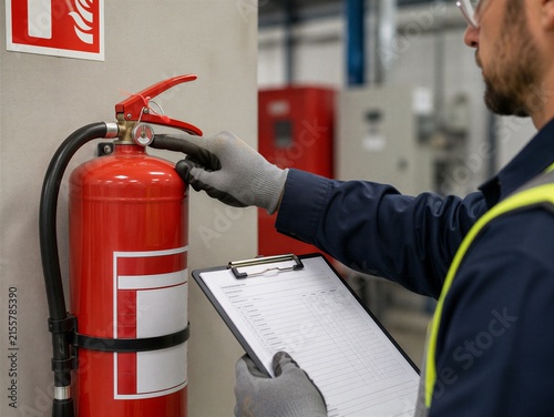 Worker checks the pressure gauge on a fire extinguisher during routine safety inspection, representing fire prevention, maintenance and workplace compliance.