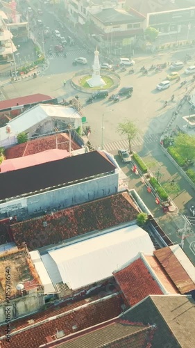 Elevated city view toward Tugu Yogyakarta and surrounding rooftops