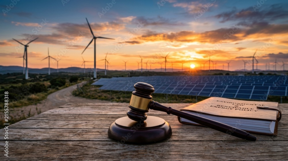 Fototapeta premium Gavel and environmental law book symbolize sustainable energy policy and legal frameworks set against a vibrant renewable power landscape at sunset.