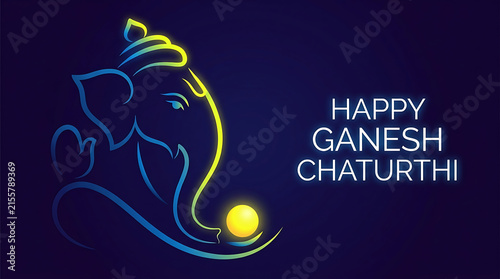 Ganesh chaturthi greeting card with glowing neon outline of lord ganesha on dark blue background