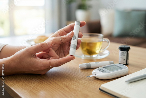 Person Evaluates Their Blood Sugar Measurement With Electronic Device During Breakfast