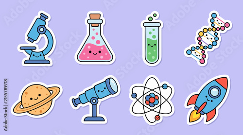 Scientific icons set featuring cute vector illustrations of chemistry equipment and space exploration planet tools