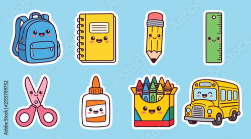 Cute school supply character vector illustration featuring kawaii backpack notebook pencil ruler scissors glue crayon bus