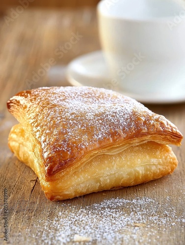 Flaky Pastry with Powdered Sugar on Rustic Wooden Table
