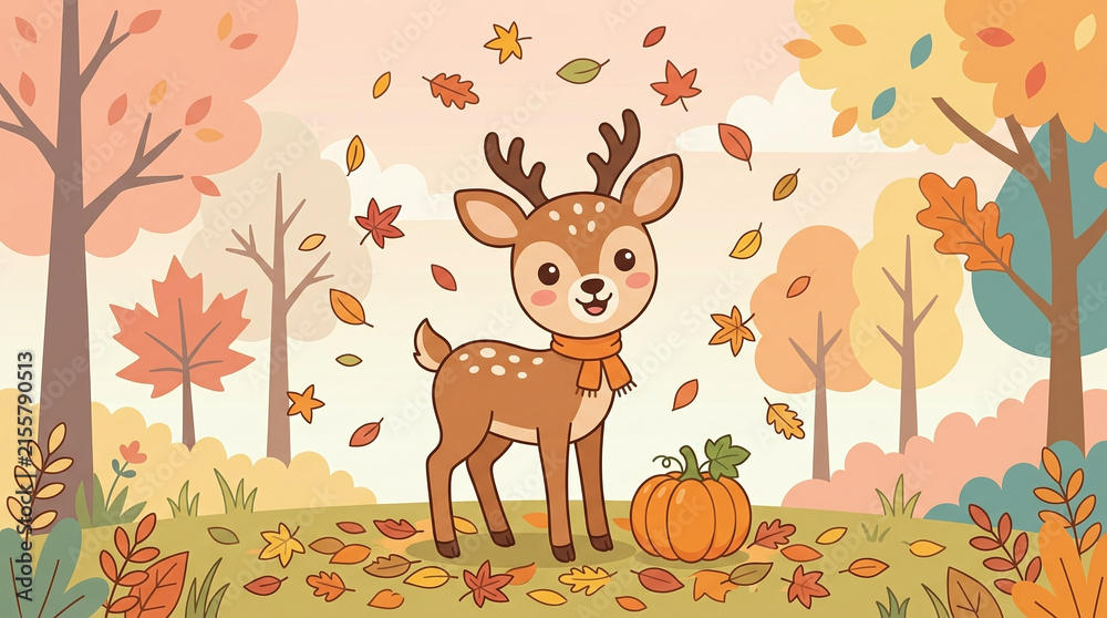 Naklejka premium Cute little fawn in autumn forest with pumpkin and falling leaves, illustration