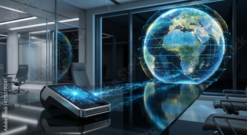 Minimalist payment terminal connected to global Earth hologram.