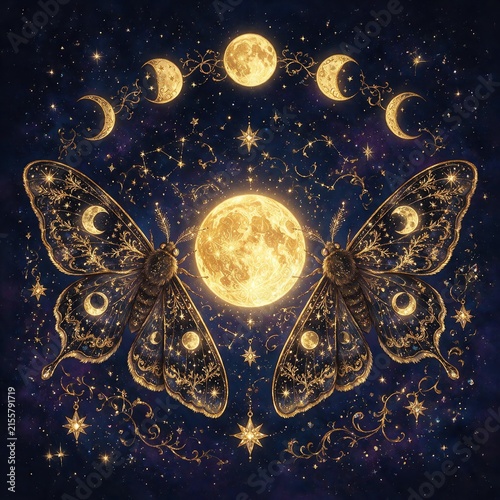Twin Celestial Moths Circling Golden Moon