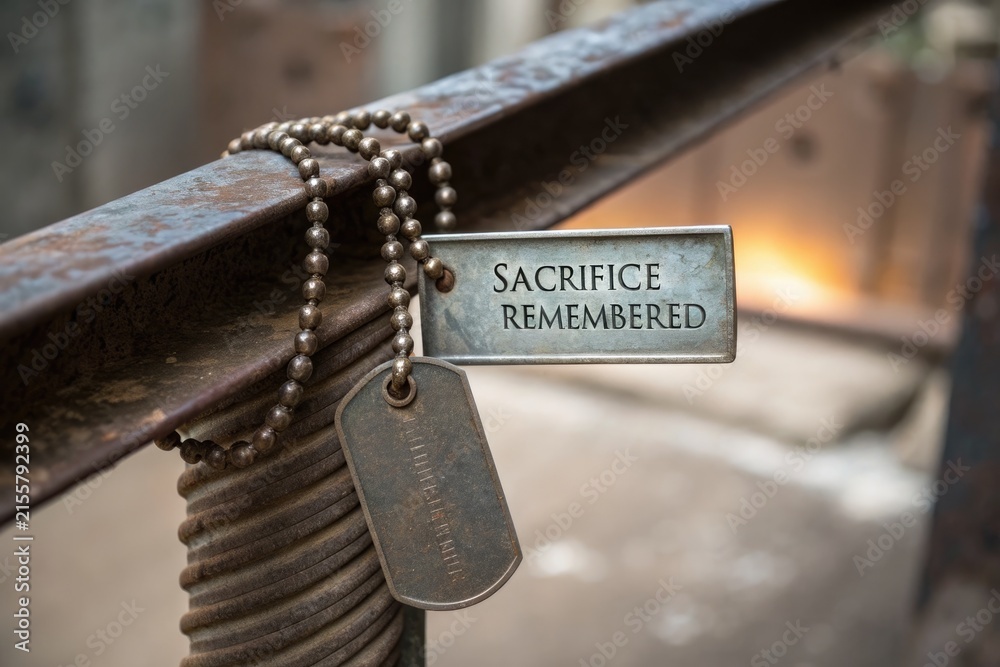 Fototapeta premium Military Dog Tags Hanging On Industrial Metal Beam