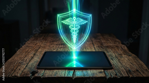Modern tablet on rustic wood with green satellite medical hologram.