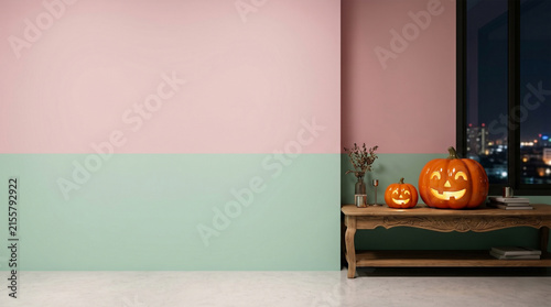 High-contrast carved pumpkins with empty pastel copy space