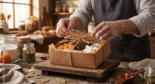 Hands tying twine on kraft cookie box