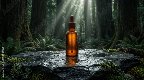 Amber skincare bottle on wet slate stone